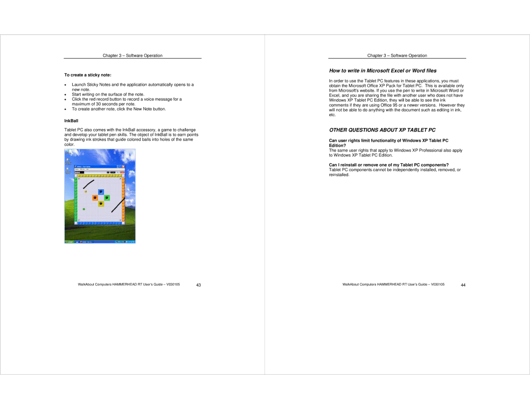 Intel WalkAbout Computer manual How to write in Microsoft Excel or Word files, To create a sticky note, InkBall 