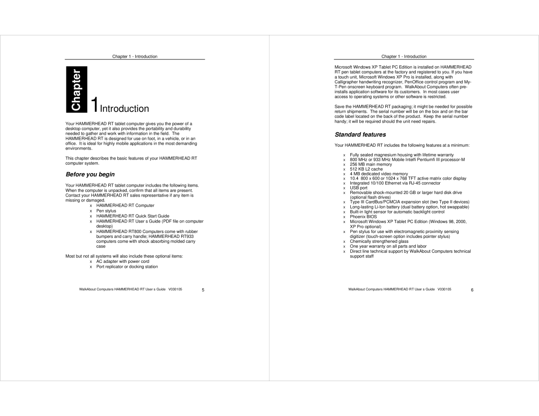 Intel WalkAbout Computer manual Before you begin, Standard features 