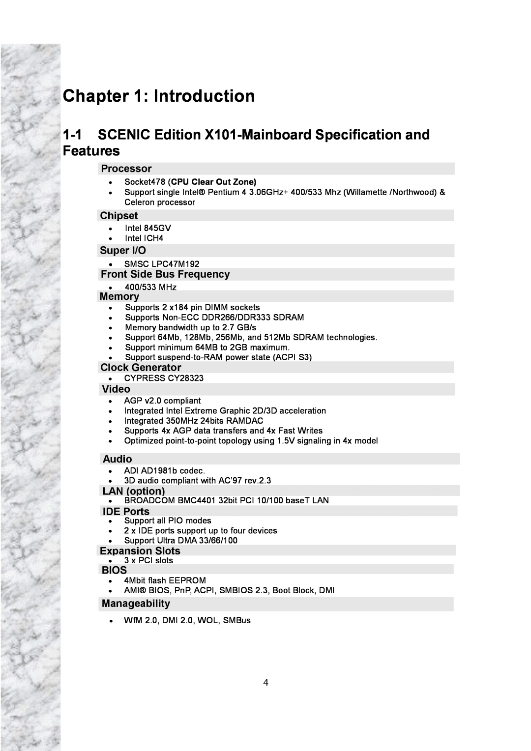 Intel user manual Introduction, SCENIC Edition X101-Mainboard Specification and Features 