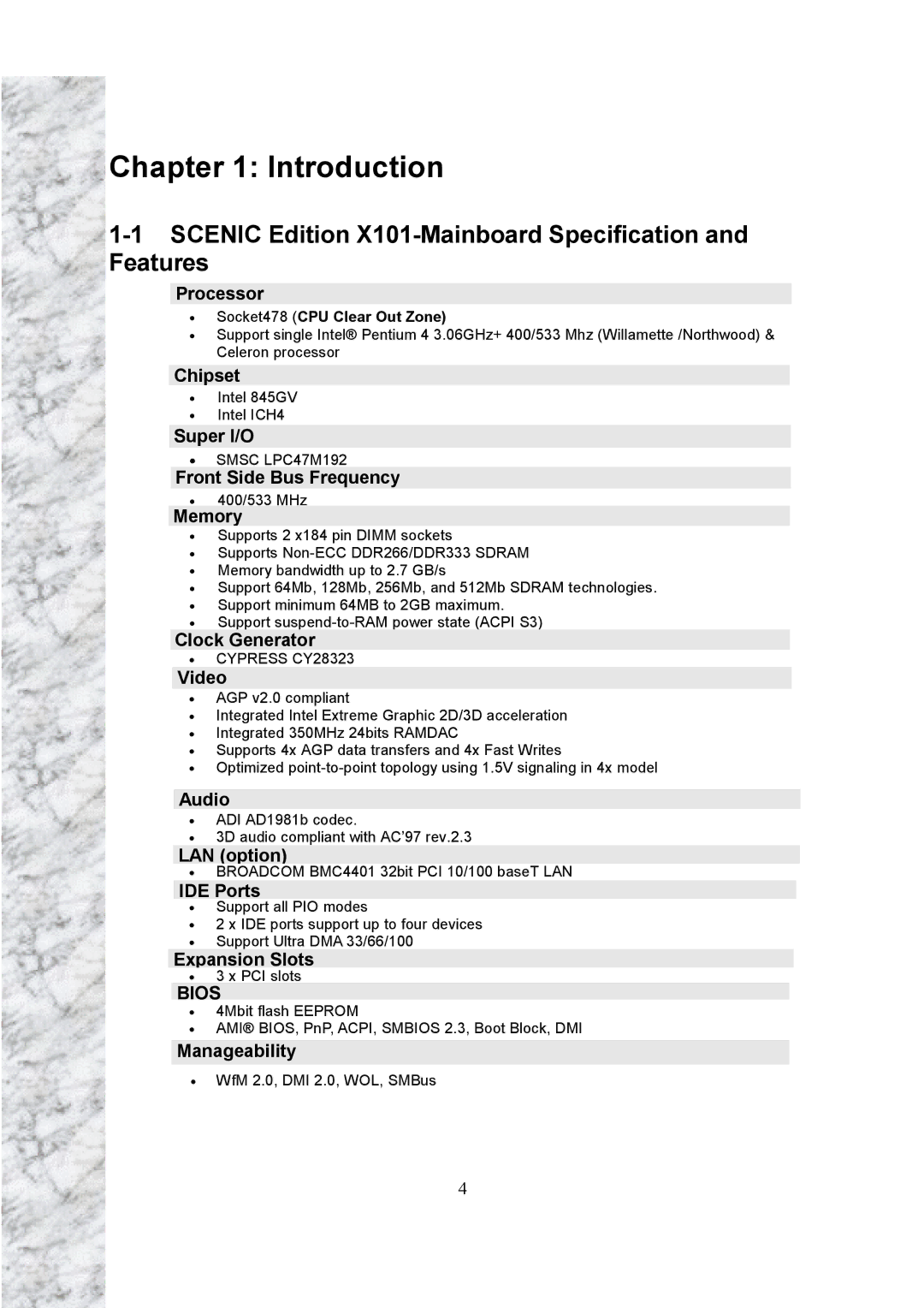 Intel user manual Introduction, Scenic Edition X101-Mainboard Specification and Features 