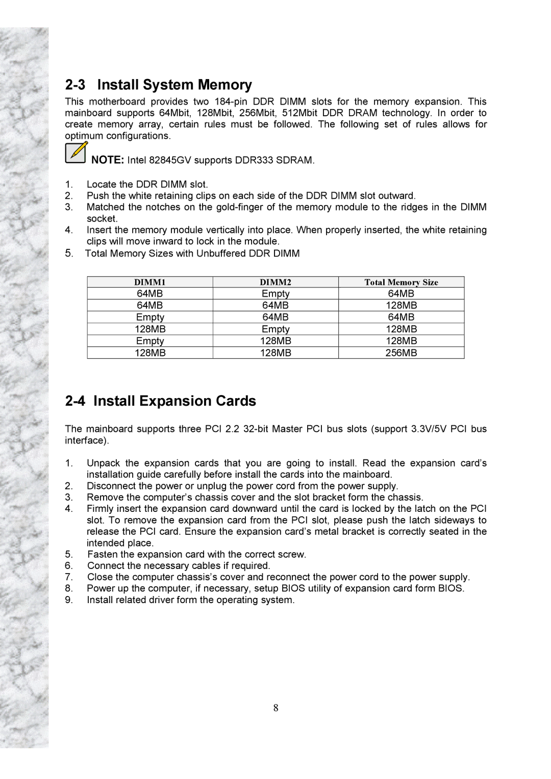 Intel X101 user manual Install System Memory, Install Expansion Cards 