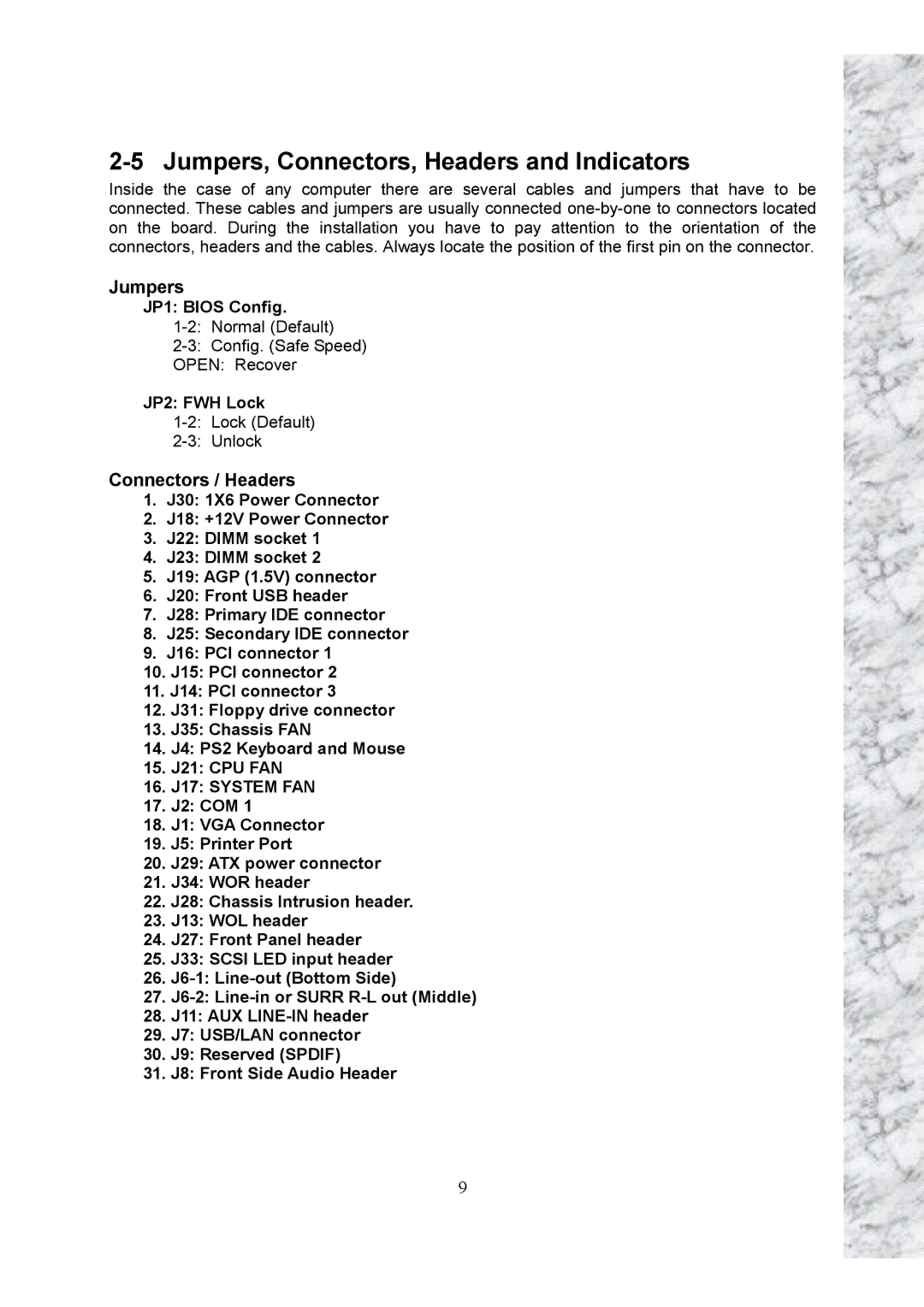 Intel X101 user manual Jumpers, Connectors, Headers and Indicators, Connectors / Headers, JP1 Bios Config, JP2 FWH Lock 