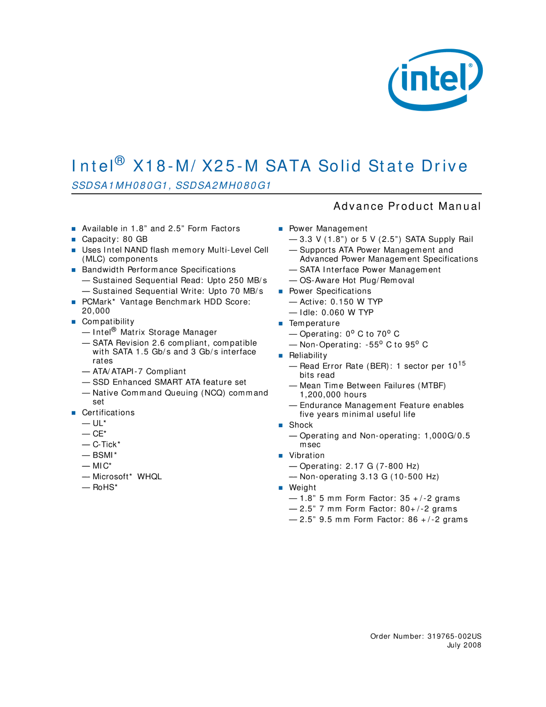 Intel SSDSA2MH080G1, SSDSA1MH080G1 specifications Intel X18-M/X25-M Sata Solid State Drive 