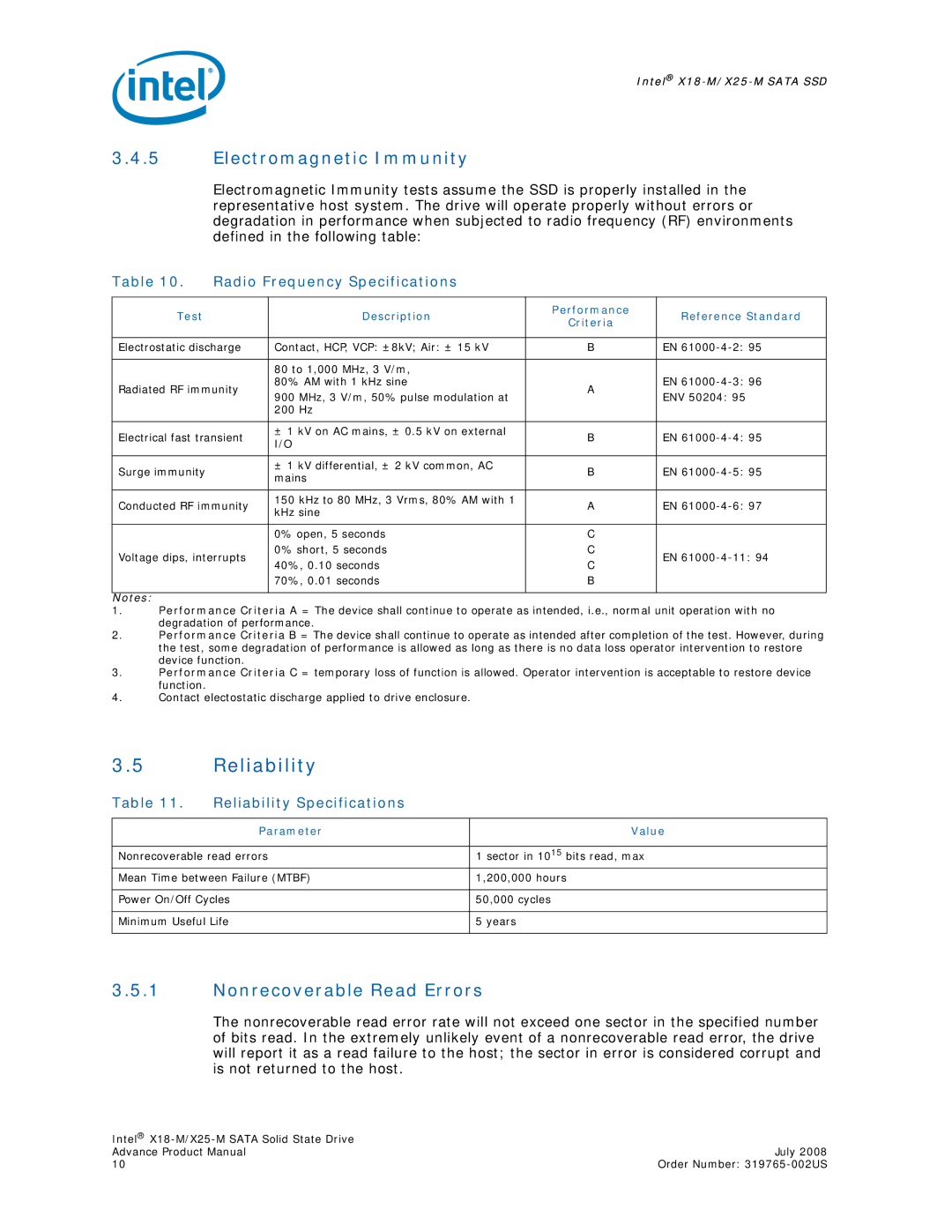 Intel SSDSA2MH080G1 Reliability, Electromagnetic Immunity, Nonrecoverable Read Errors, Radio Frequency Specifications 