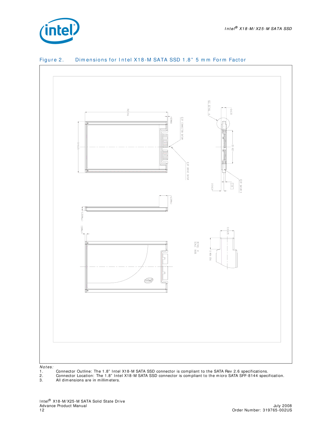 Intel X25-M, SSDSA2MH080G1, SSDSA1MH080G1 specifications Dimensions for Intel X18-M Sata SSD 1.8 5 mm Form Factor 