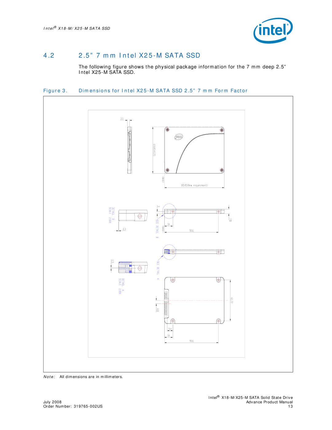 Intel X18-M, SSDSA2MH080G1 2.5 7 mm Intel X25-M Sata SSD, Dimensions for Intel X25-M Sata SSD 2.5 7 mm Form Factor 