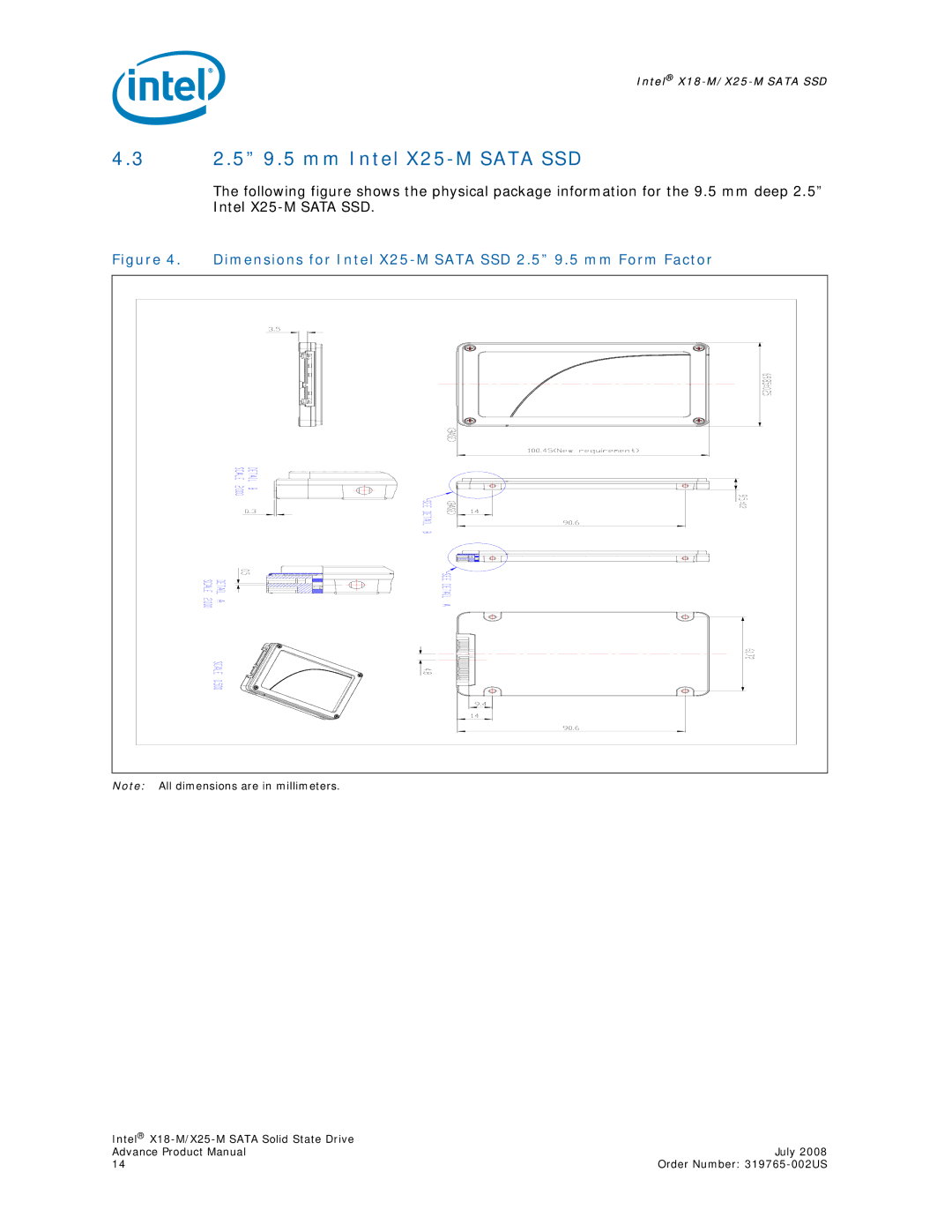 Intel SSDSA2MH080G1, X18-M 2.5 9.5 mm Intel X25-M Sata SSD, Dimensions for Intel X25-M Sata SSD 2.5 9.5 mm Form Factor 