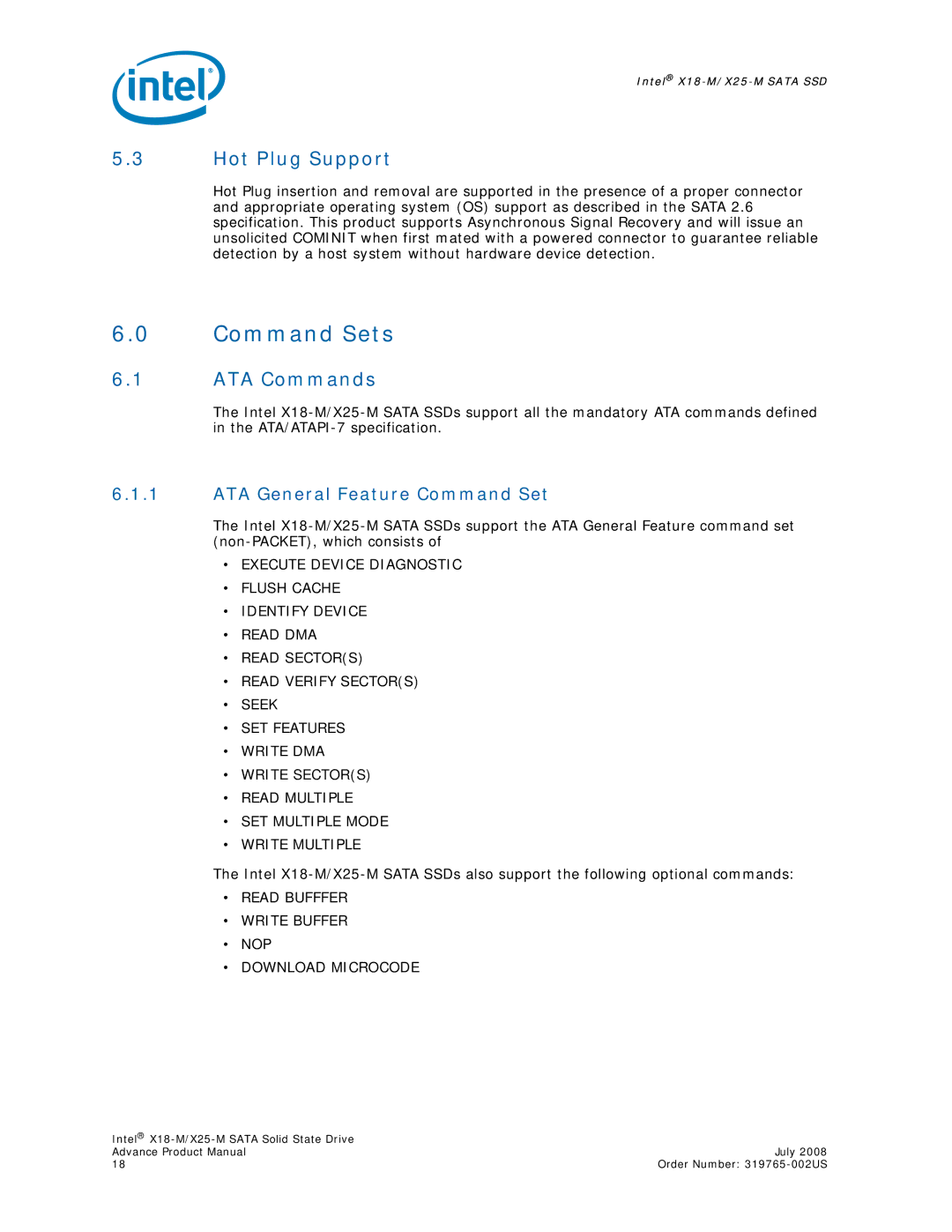 Intel SSDSA2MH080G1, X18-M, X25-M Command Sets, Hot Plug Support, ATA Commands, ATA General Feature Command Set 