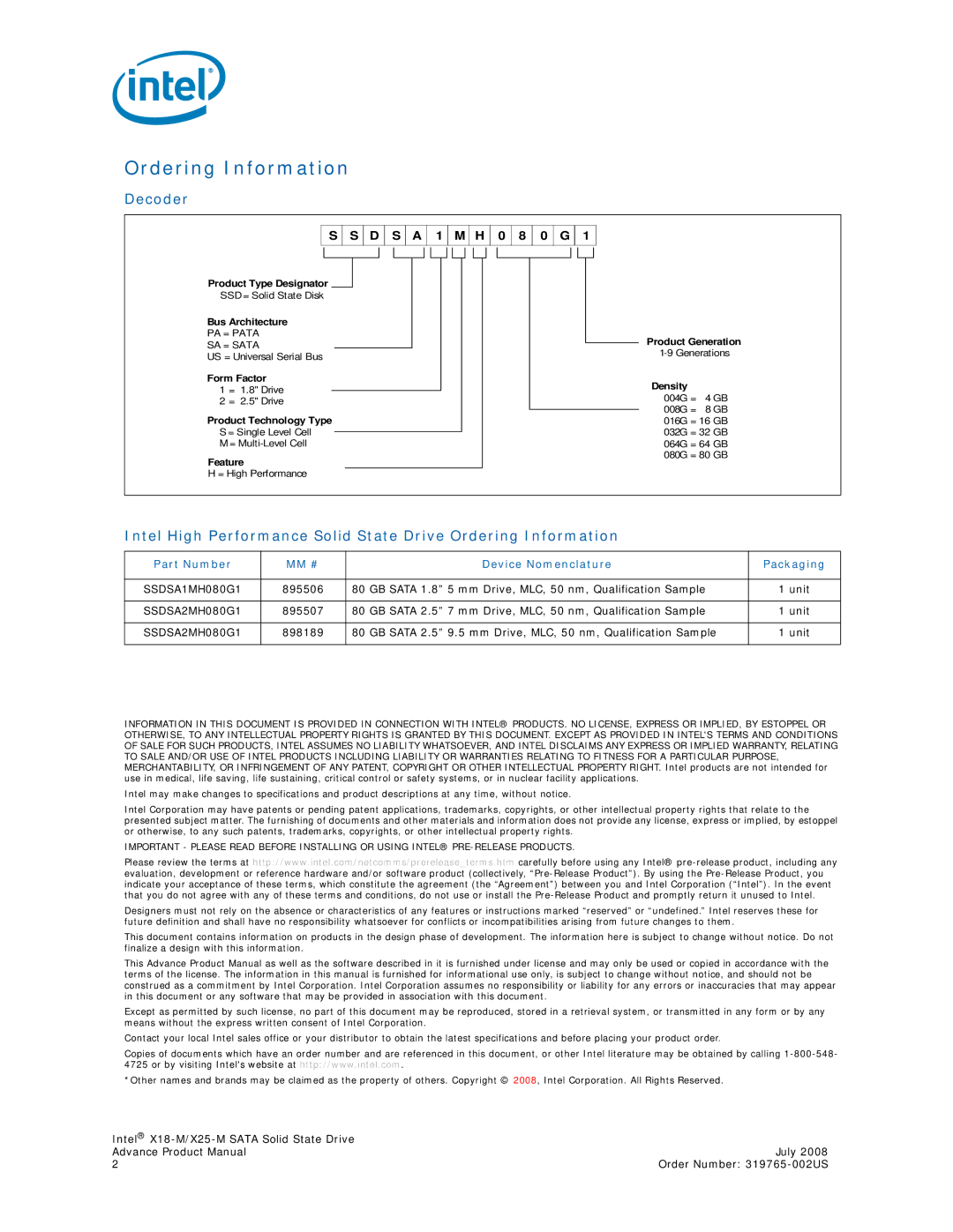 Intel SSDSA2MH080G1, X18-M, X25-M Ordering Information, Decoder, Part Number MM # Device Nomenclature Packaging 