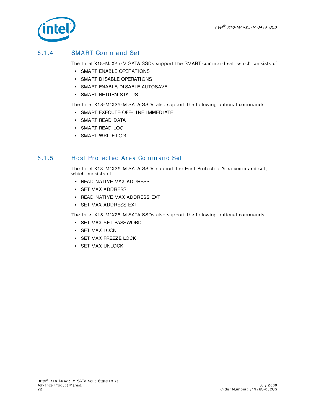 Intel SSDSA2MH080G1, X18-M, X25-M, SSDSA1MH080G1 specifications Smart Command Set, Host Protected Area Command Set 