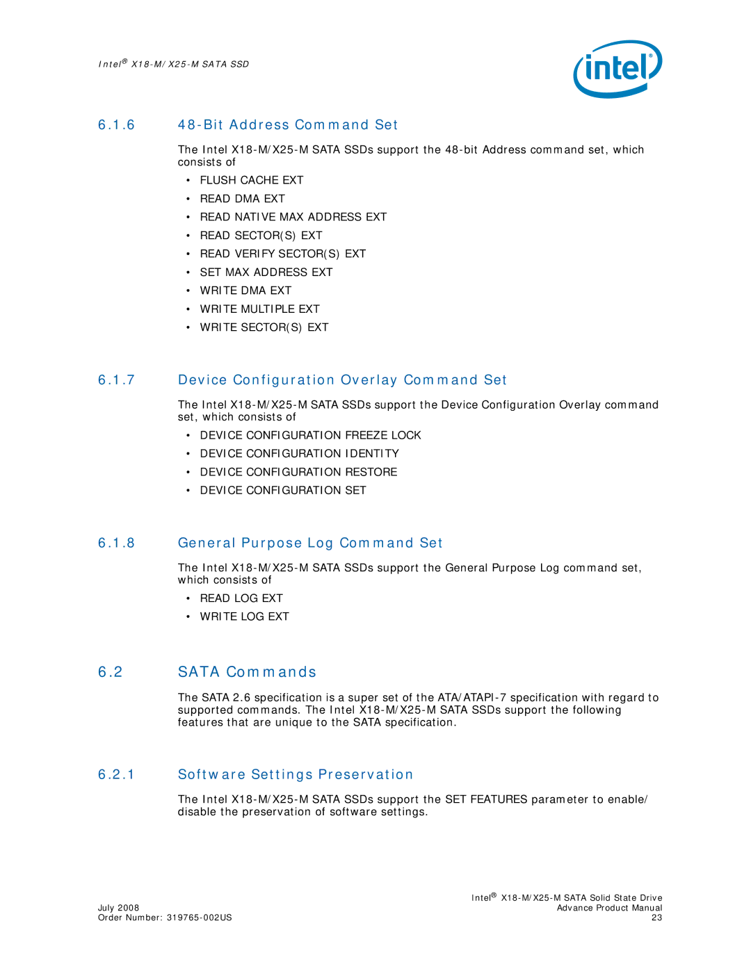 Intel SSDSA1MH080G1, X18-M, X25-M Sata Commands, 6 48-Bit Address Command Set, Device Configuration Overlay Command Set 