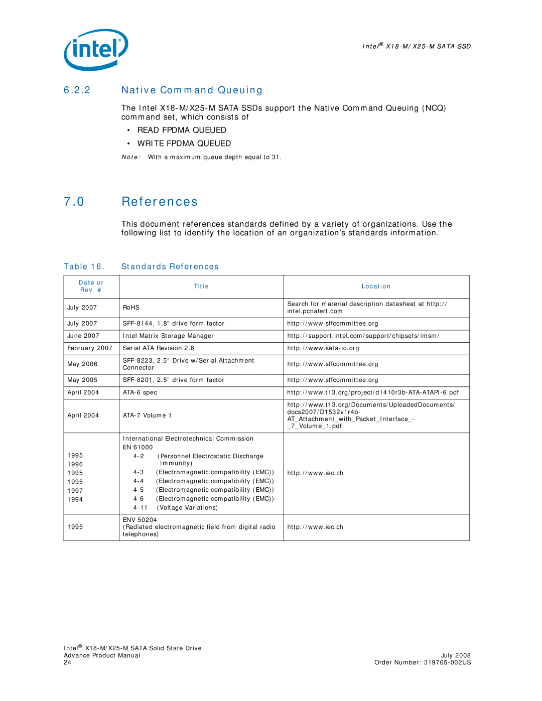 Intel X18-M, X25-M, SSDSA2MH080G1 Native Command Queuing, Standards References, Date or Title Location Rev. # 