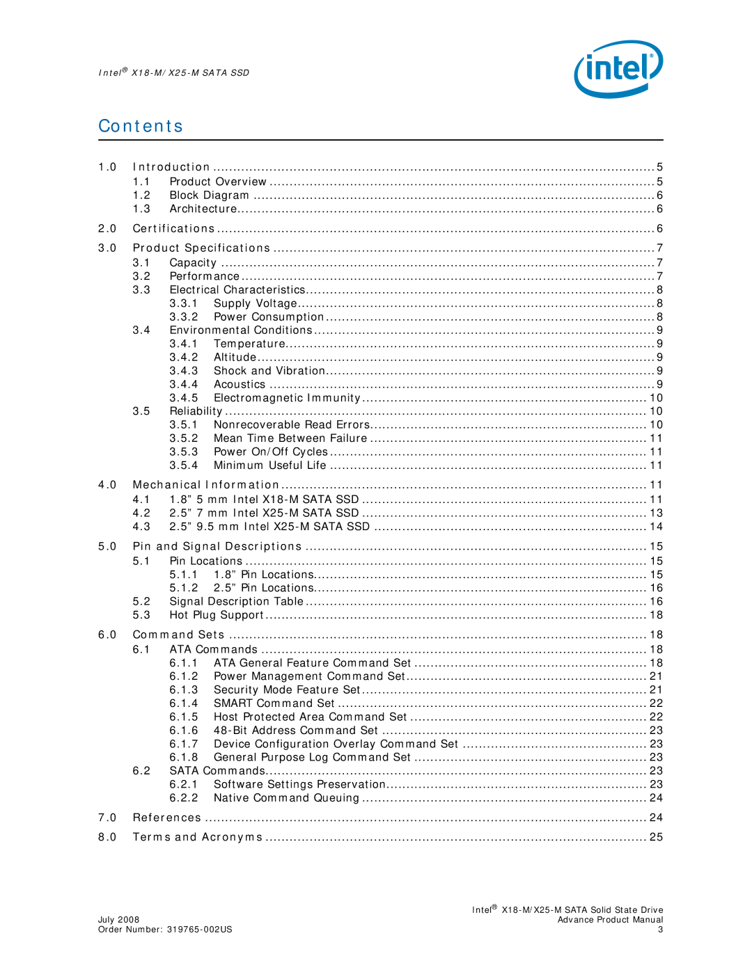 Intel SSDSA1MH080G1, X18-M, X25-M, SSDSA2MH080G1 specifications Contents 