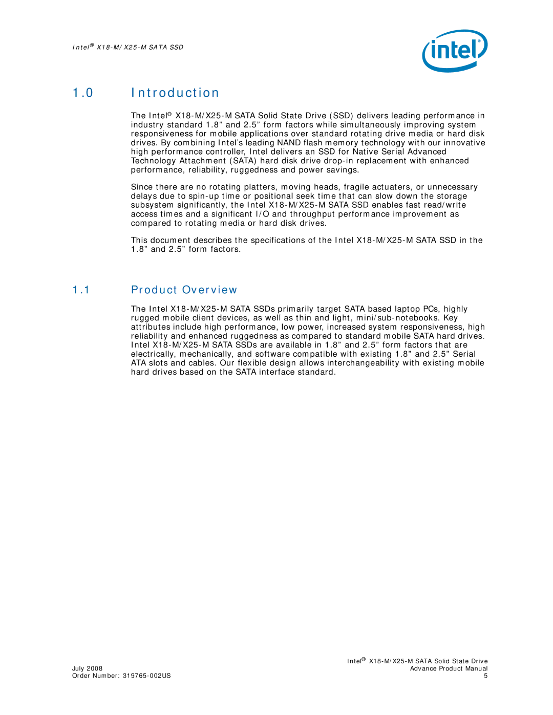 Intel X25-M, X18-M, SSDSA2MH080G1, SSDSA1MH080G1 specifications Introduction, Product Overview 