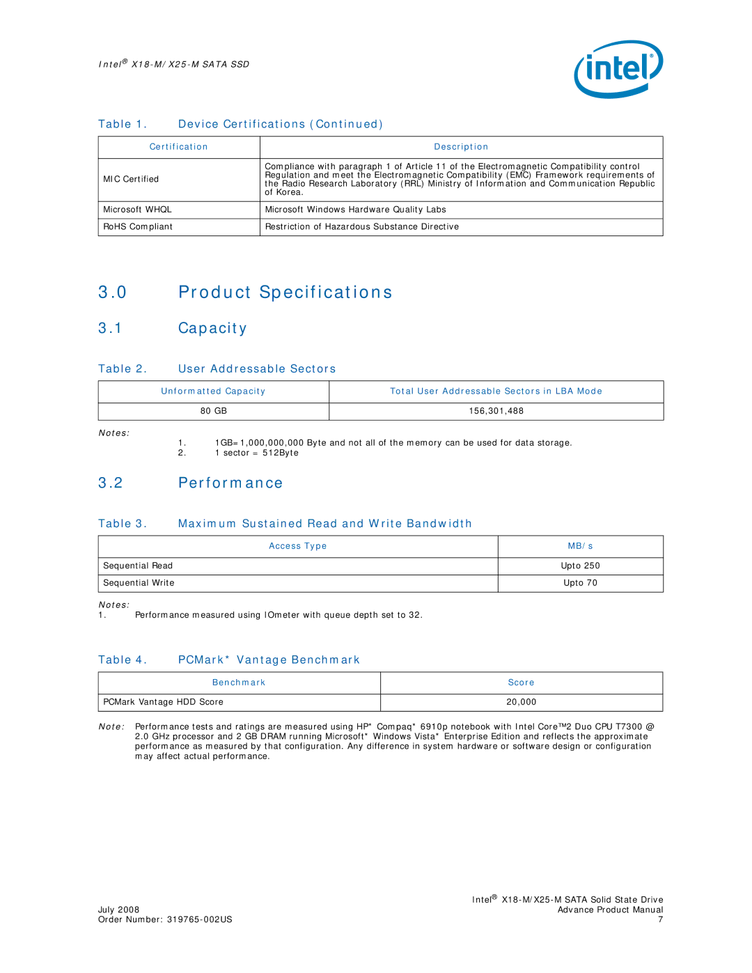 Intel SSDSA1MH080G1, X18-M, X25-M, SSDSA2MH080G1 specifications Product Specifications, Capacity, Performance 