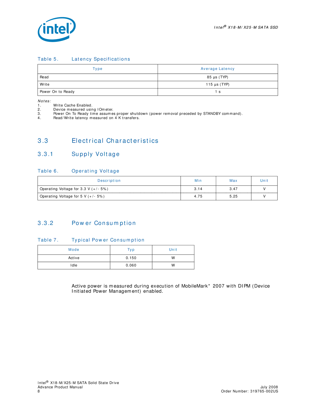 Intel X18-M, X25-M, SSDSA2MH080G1, SSDSA1MH080G1 specifications Electrical Characteristics, Supply Voltage, Power Consumption 