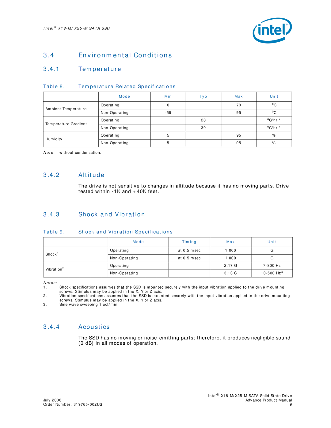 Intel X25-M, X18-M, SSDSA2MH080G1 Environmental Conditions, Temperature, Altitude, Shock and Vibration, Acoustics 