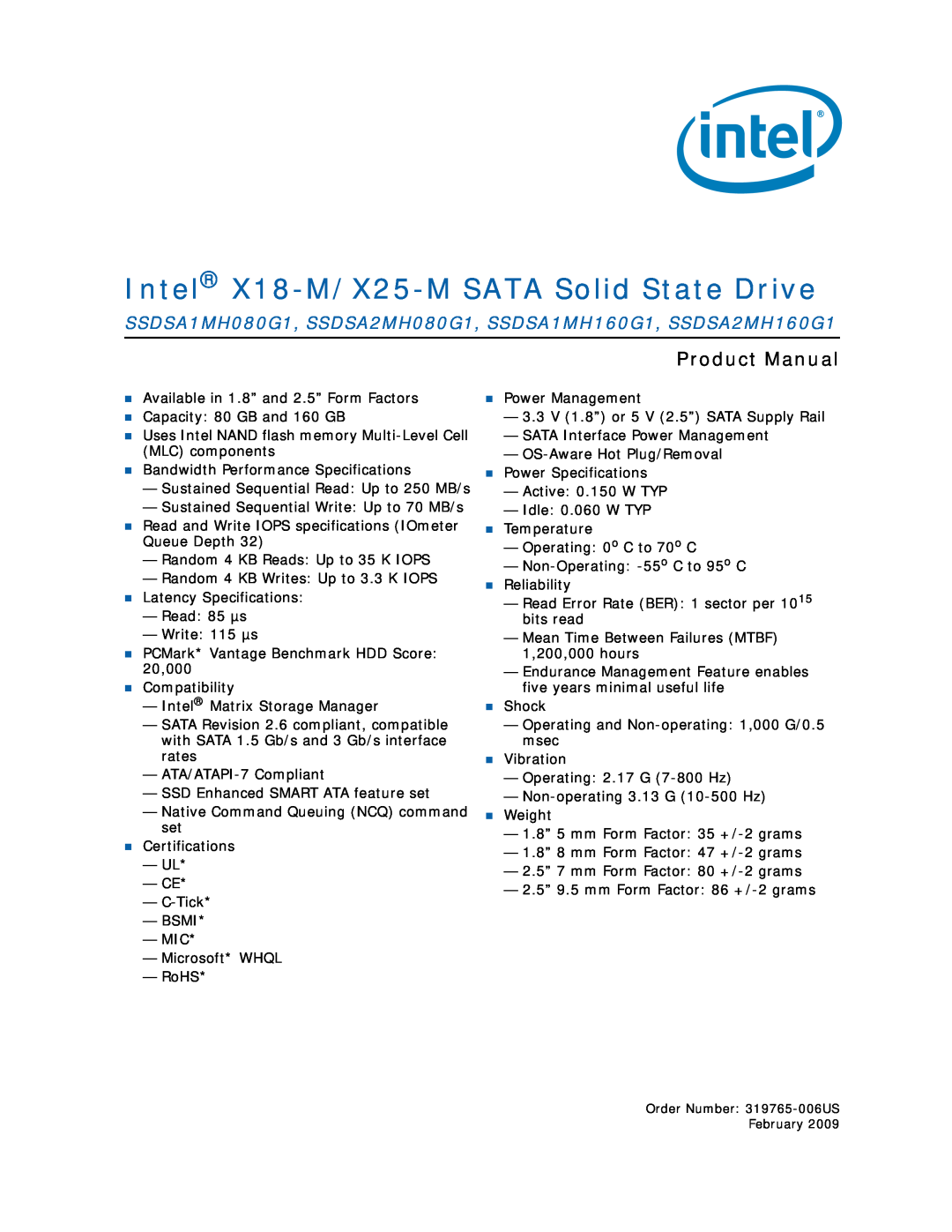 Intel specifications Intel X18-M/X25-MSATA Solid State Drive, Product Manual 