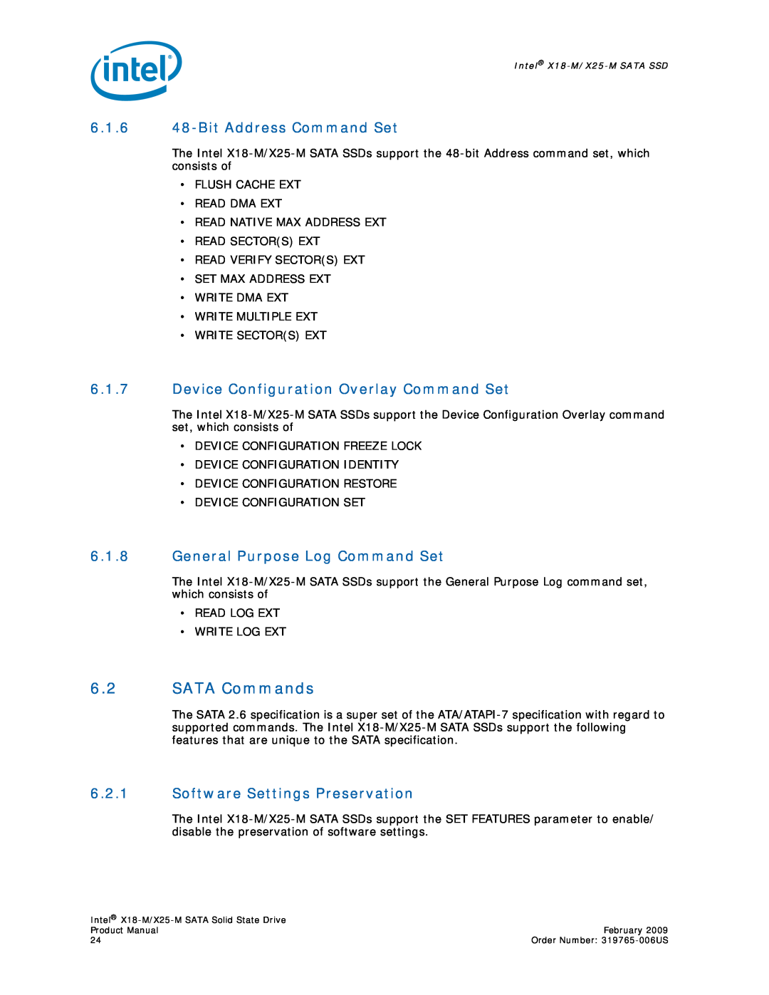 Intel X18-M, X25-M specifications 6.2SATA Commands, BitAddress Command Set, 6.1.7Device Configuration Overlay Command Set 