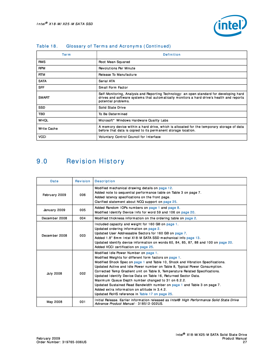 Intel specifications 9.0Revision History, Glossary of Terms and Acronyms Continued, Intel X18-M/X25-MSATA SSD 
