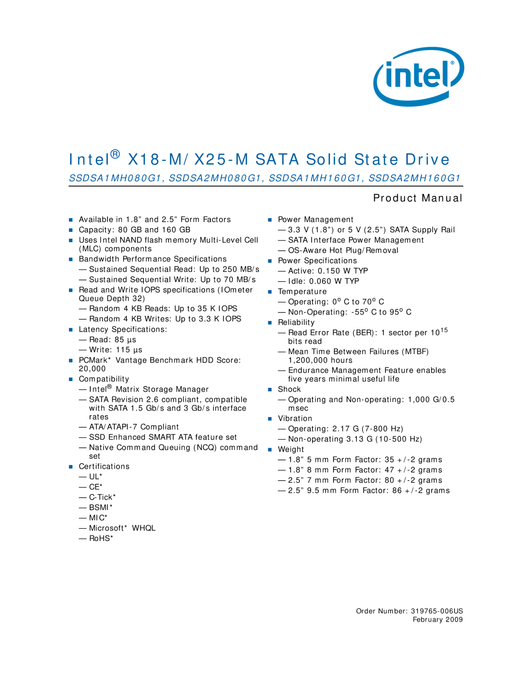 Intel specifications Intel X18-M/X25-M Sata Solid State Drive 