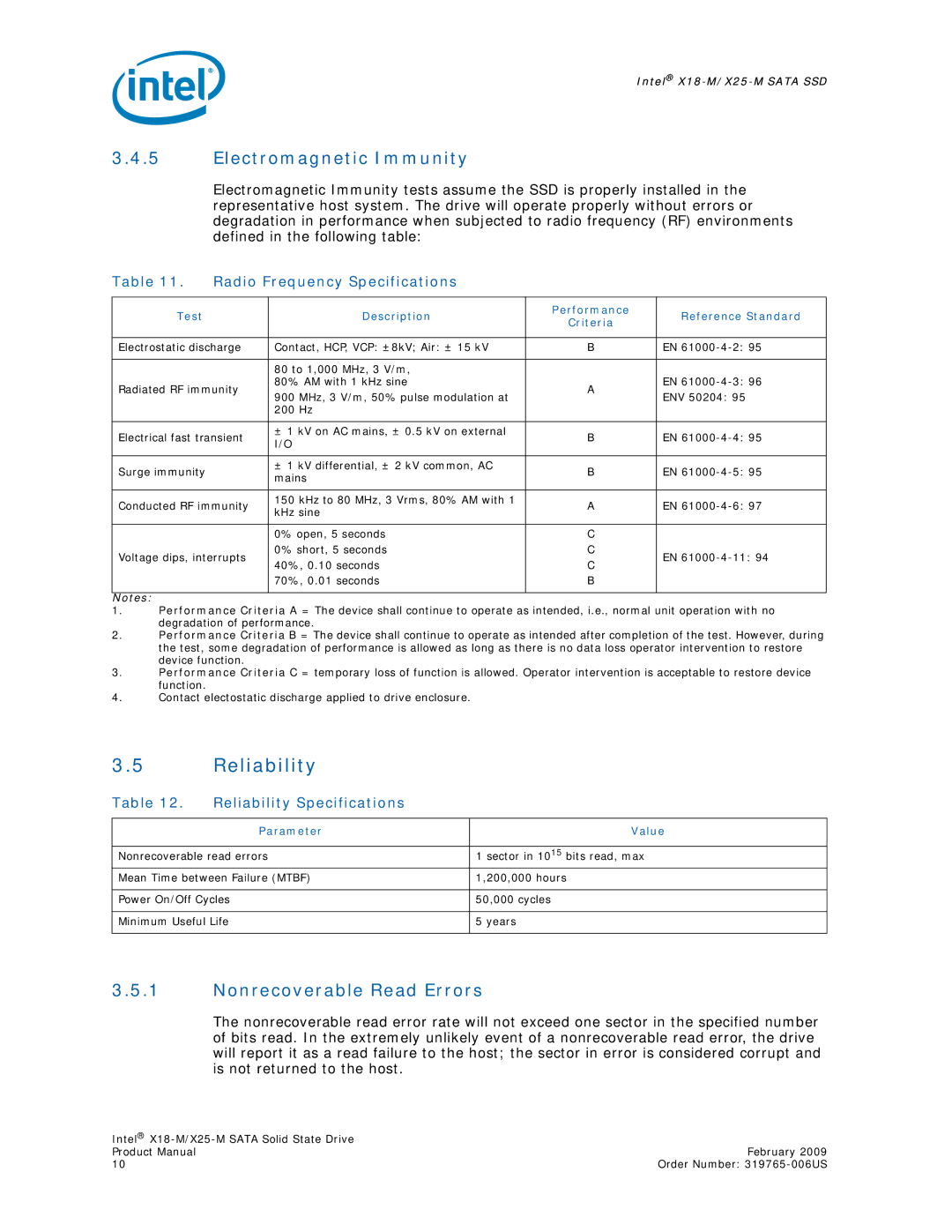 Intel X18-M, X25-M Reliability, Electromagnetic Immunity, Nonrecoverable Read Errors, Radio Frequency Specifications 