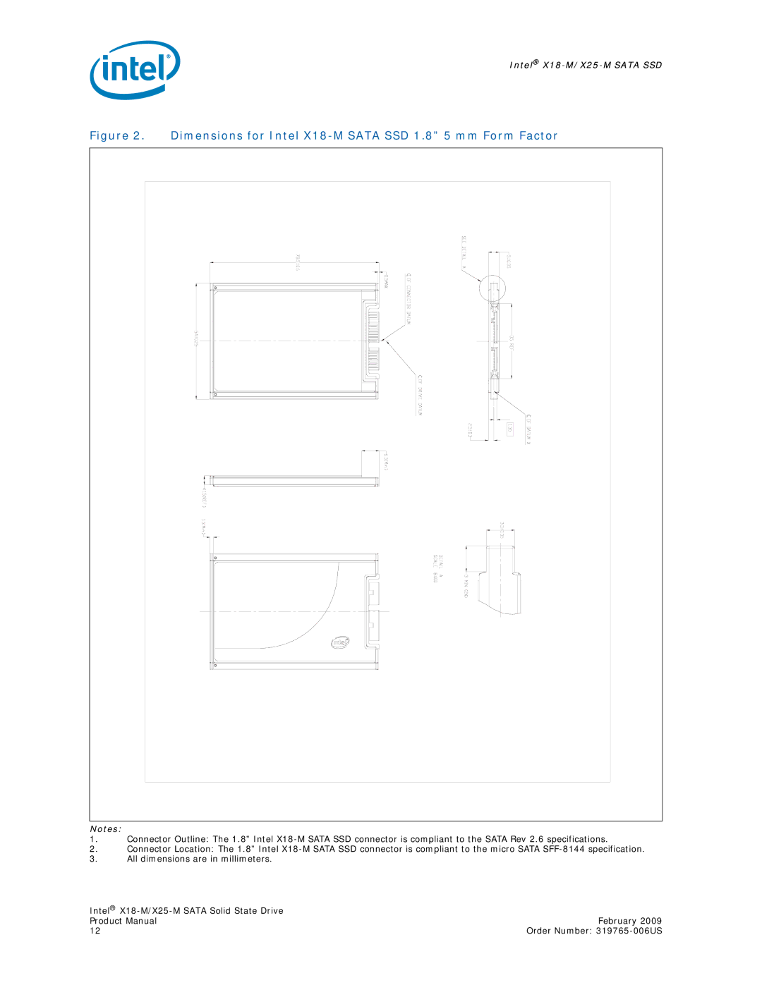 Intel X25-M specifications Dimensions for Intel X18-M Sata SSD 1.8 5 mm Form Factor 