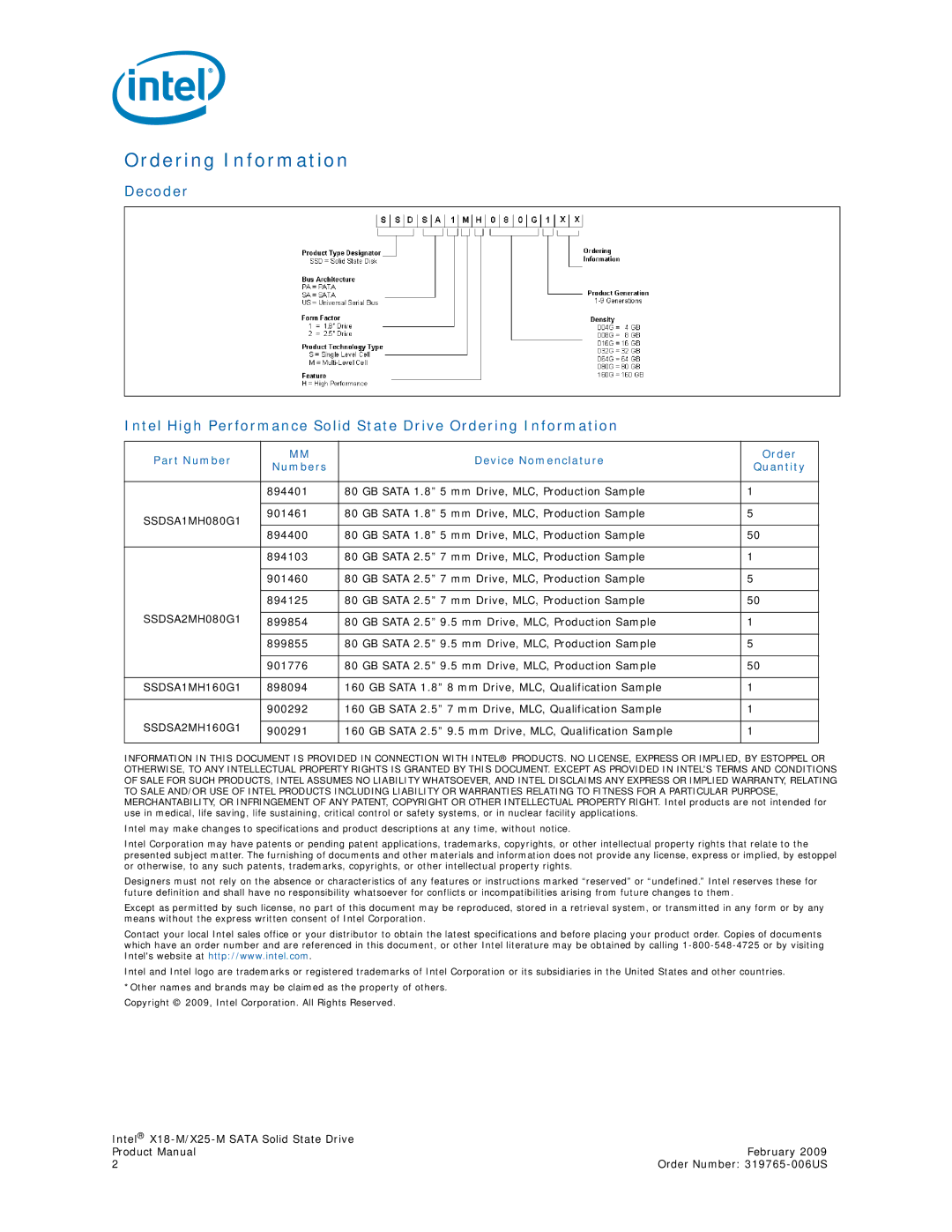 Intel X18-M, X25-M specifications Ordering Information, Part Number Device Nomenclature Order Numbers Quantity 