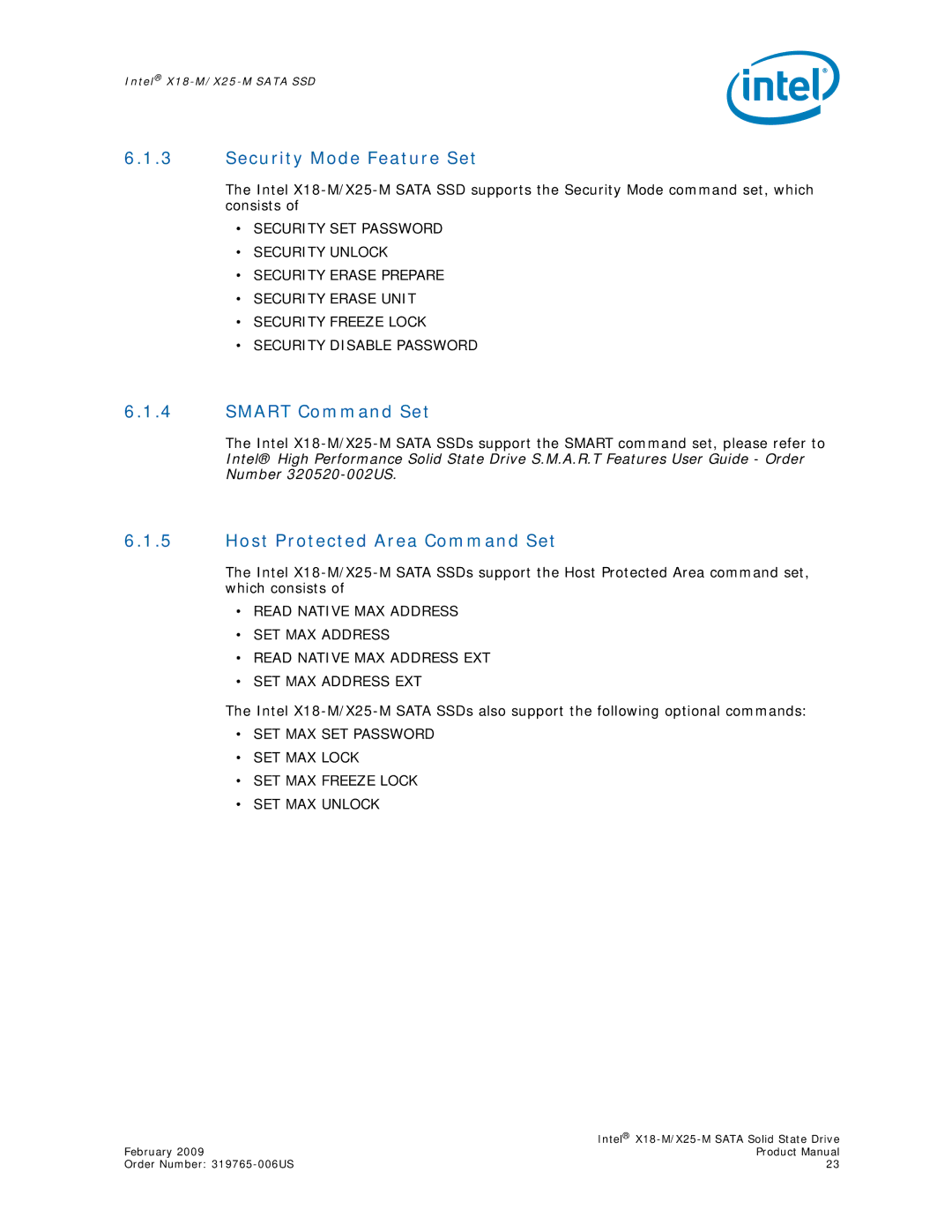 Intel X25-M, X18-M specifications Security Mode Feature Set, Smart Command Set, Host Protected Area Command Set 