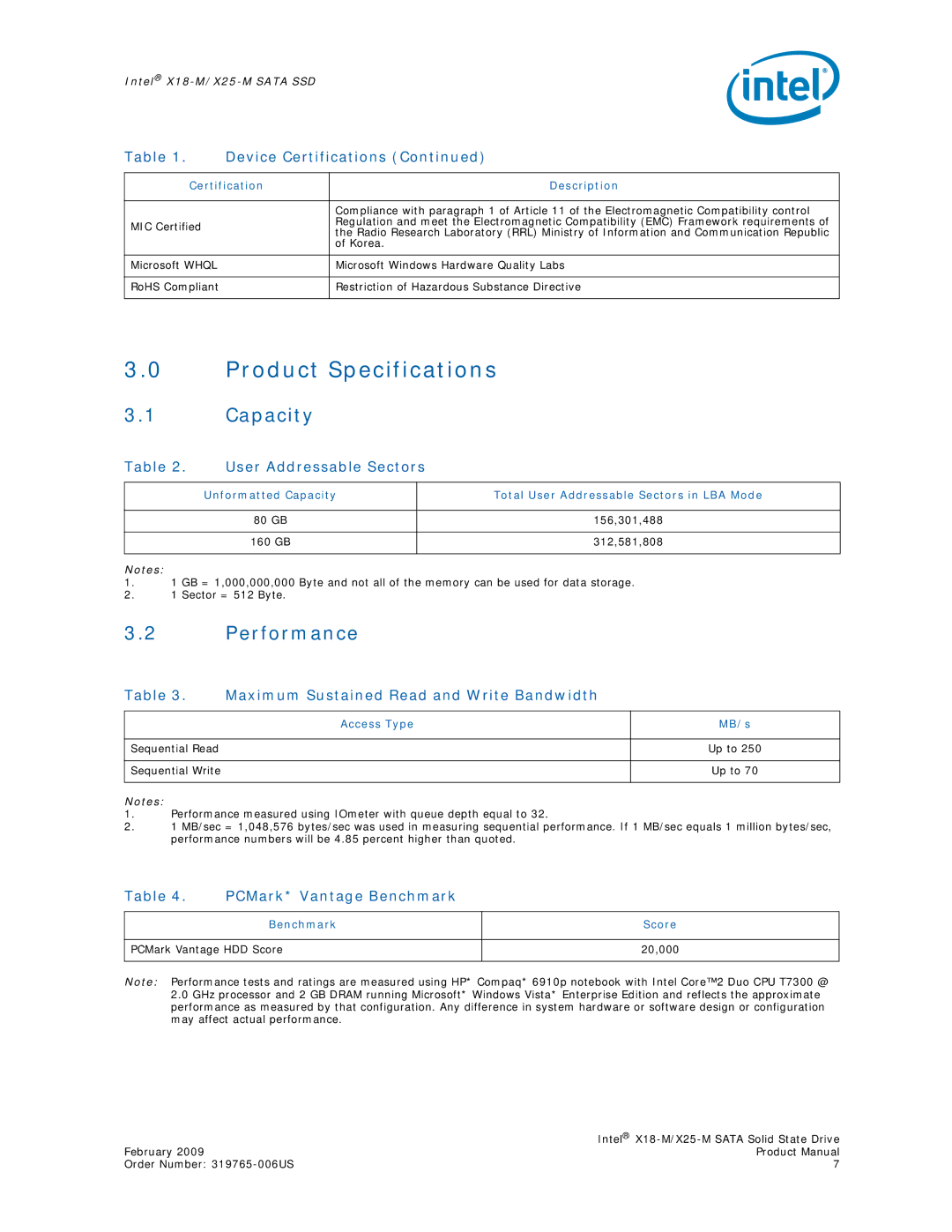 Intel X25-M, X18-M specifications Product Specifications, Capacity, Performance 