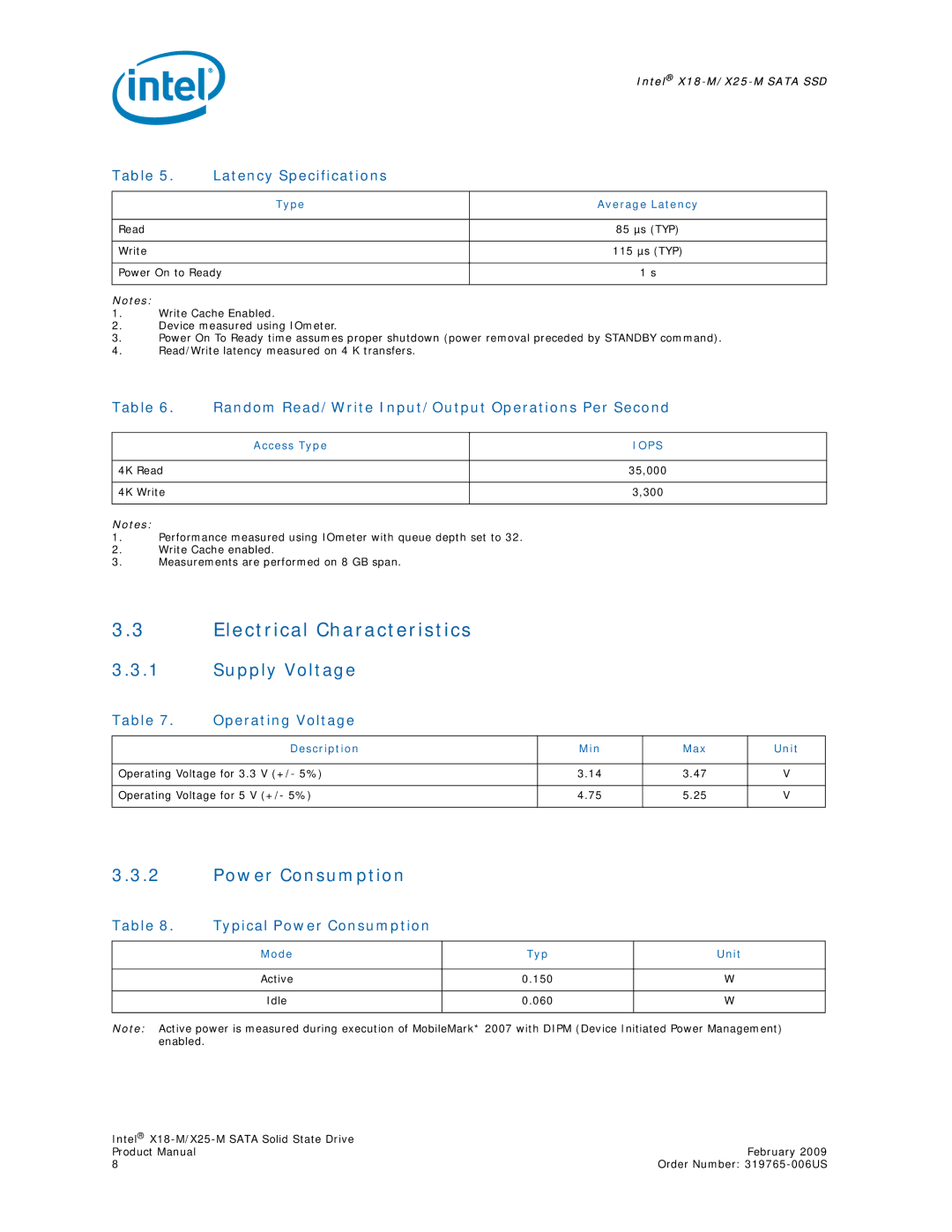 Intel X18-M, X25-M specifications Electrical Characteristics, Supply Voltage, Power Consumption 