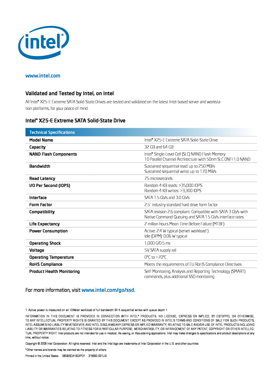 Intel manual Validated and Tested by Intel, on Intel, Intel X25-EExtreme SATA Solid-StateDrive, Technical Specifications 