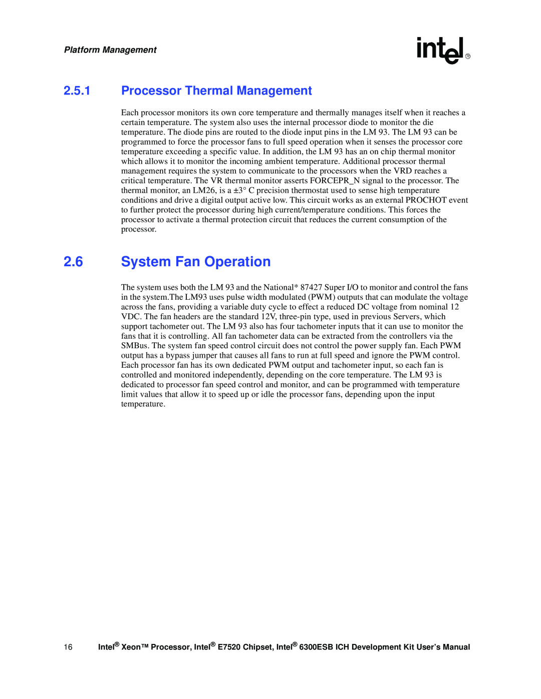 Intel Xeon, 6300ESB ICH user manual System Fan Operation, Processor Thermal Management, Platform Management 