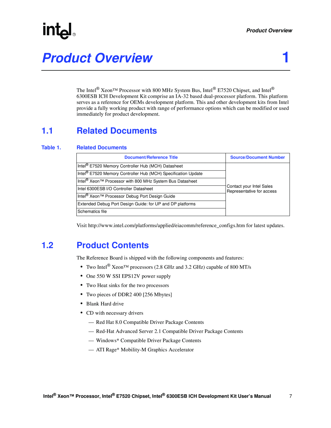 Intel 6300ESB ICH, Xeon user manual Product Overview, Related Documents, Product Contents 
