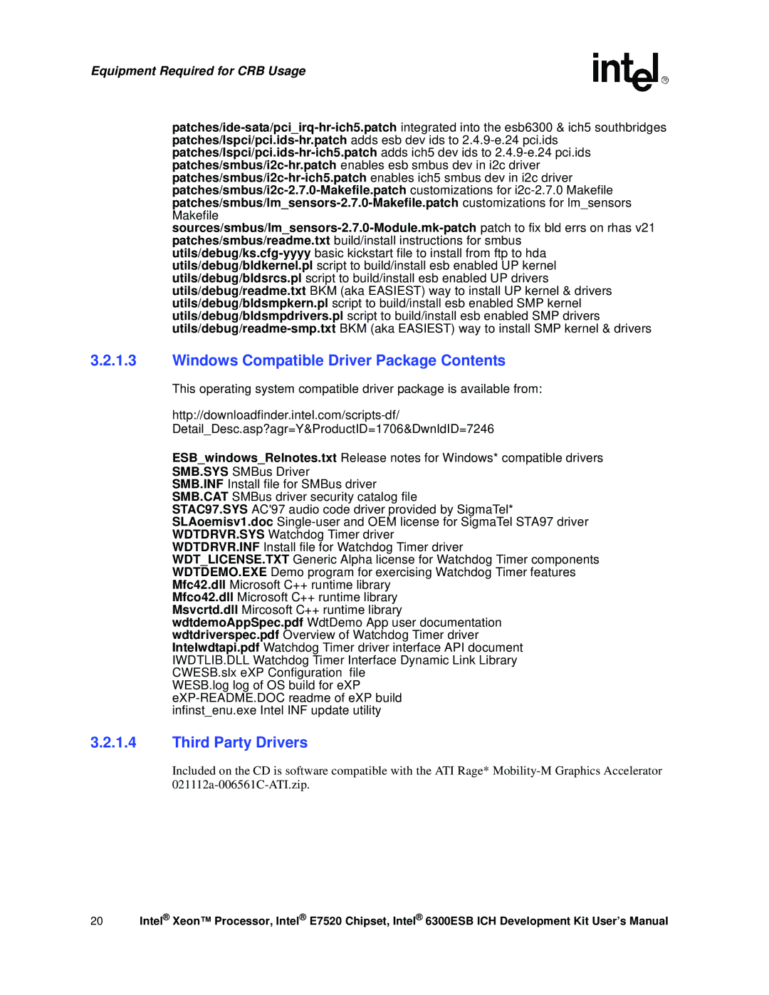 Intel Xeon, 6300ESB ICH user manual Windows Compatible Driver Package Contents 