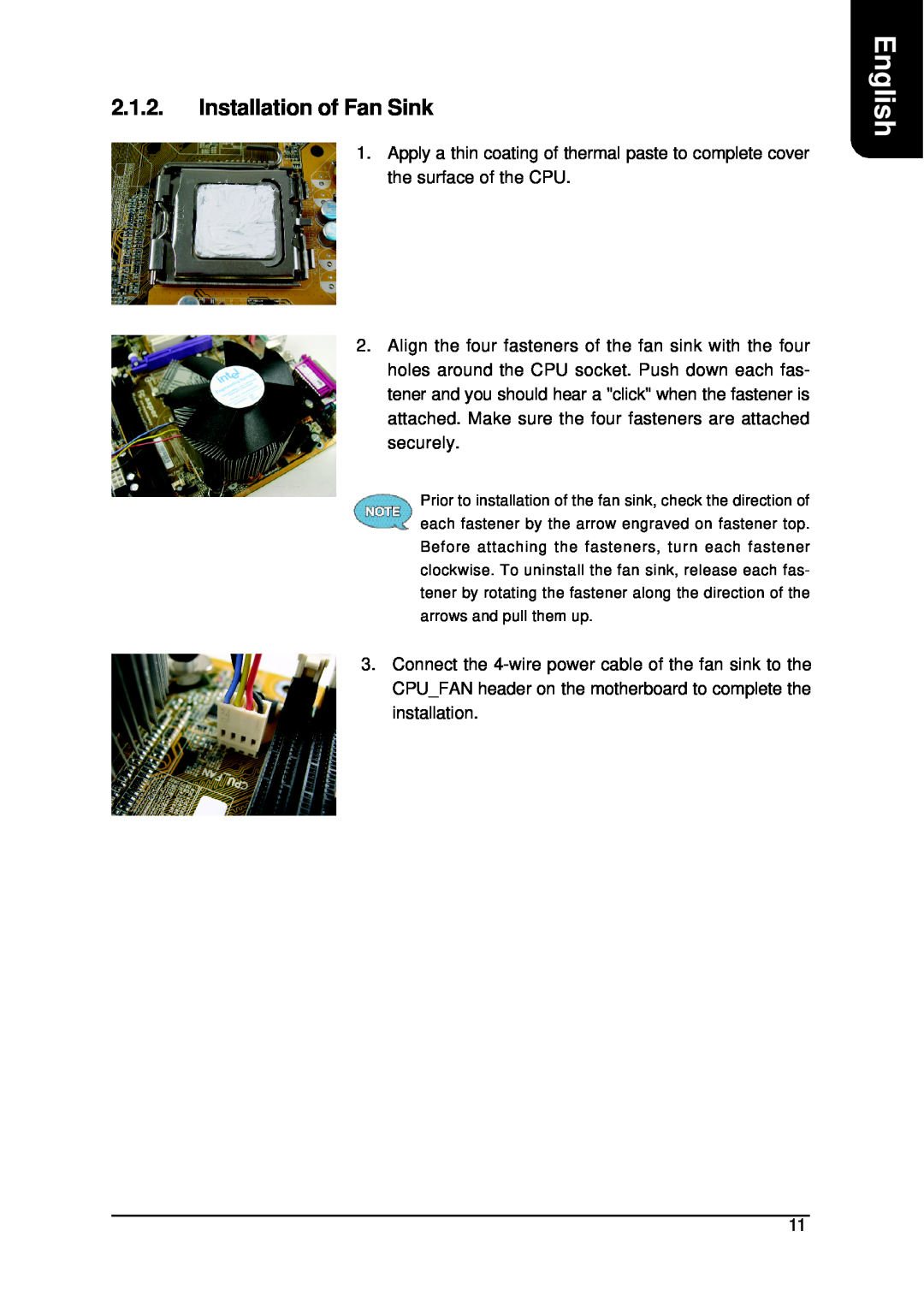 Intel XP-M5S661GX user manual Installation of Fan Sink, English 