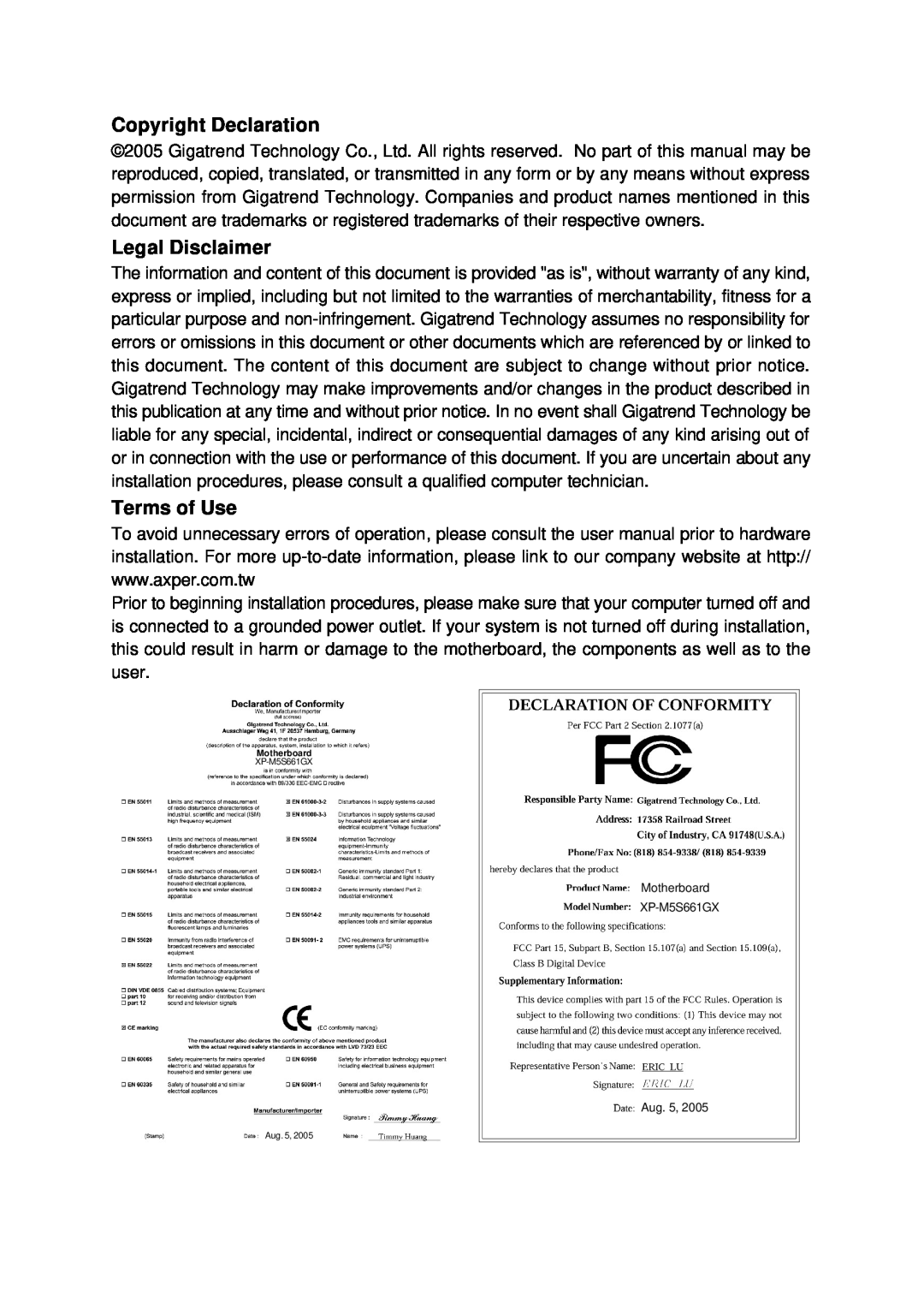 Intel user manual Copyright Declaration, Legal Disclaimer, Terms of Use, Motherboard XP-M5S661GX Aug 