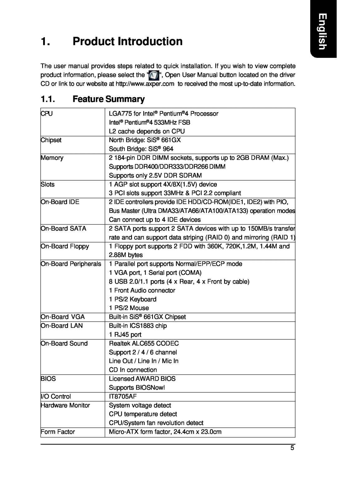 Intel XP-M5S661GX user manual Product Introduction, Feature Summary, English 