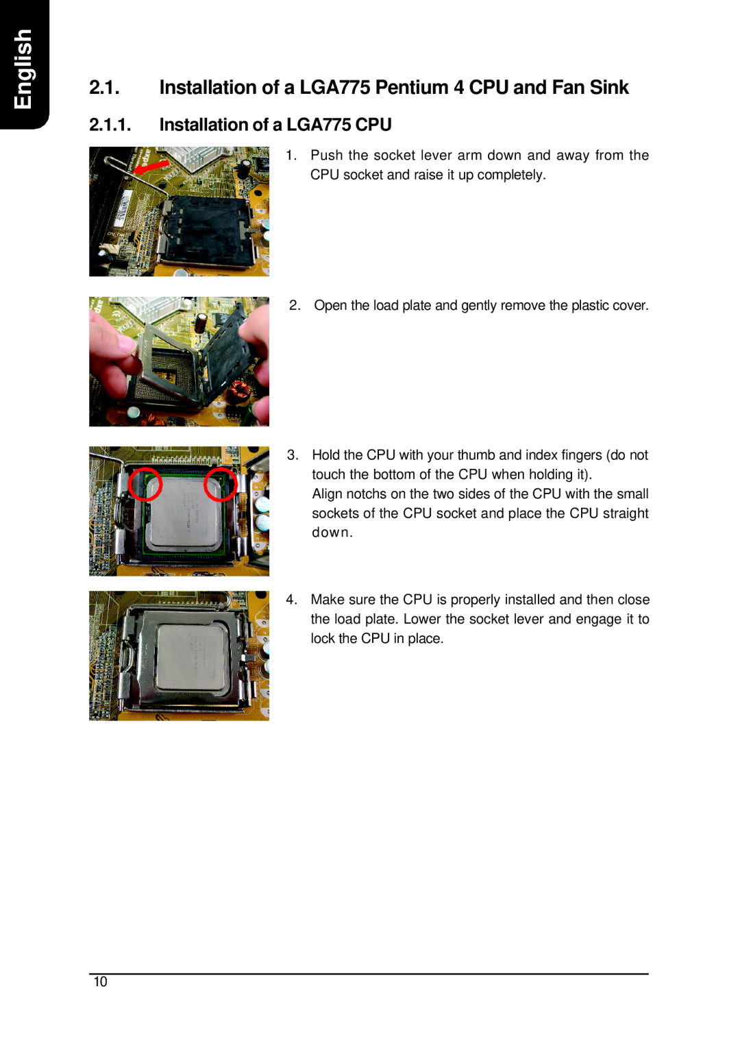 Intel XP-M5S661GX user manual Installation of a LGA775 Pentium 4 CPU and Fan Sink, Installation of a LGA775 CPU 