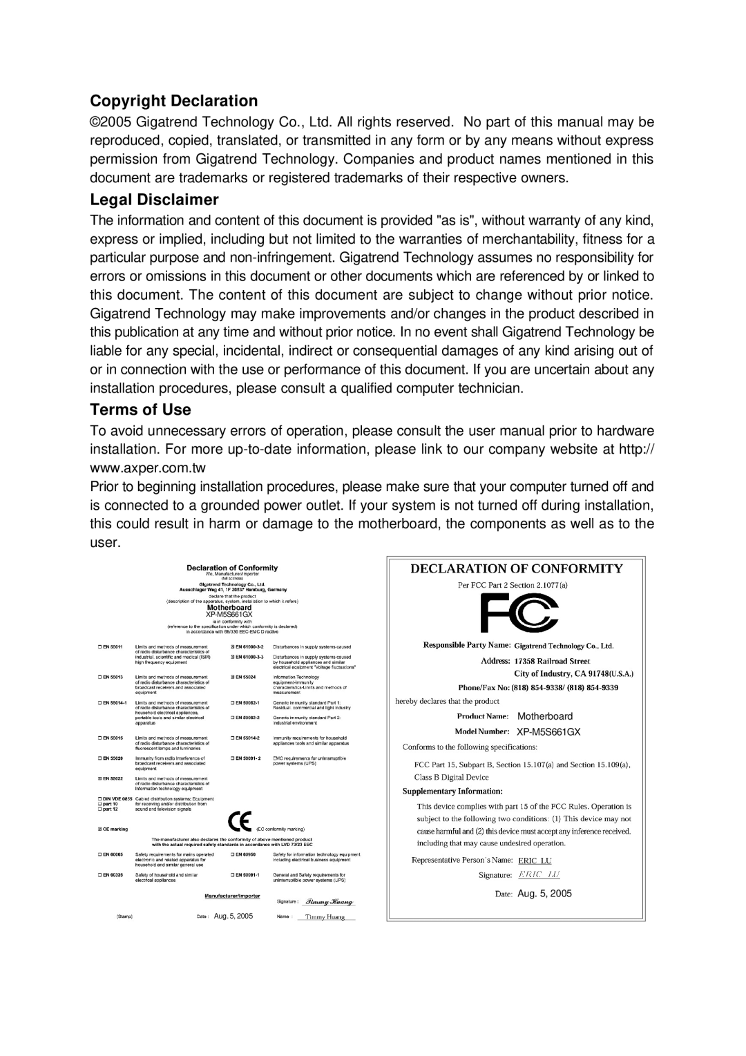 Intel XP-M5S661GX user manual Copyright Declaration Legal Disclaimer, Terms of Use 