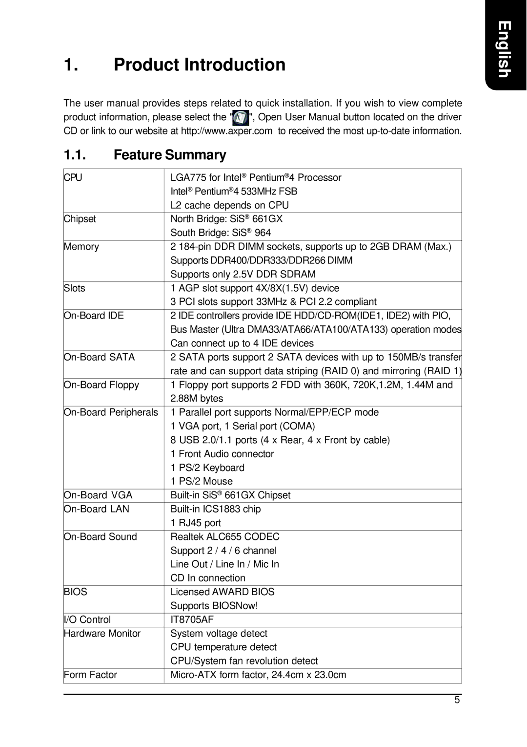 Intel XP-M5S661GX user manual Product Introduction, Feature Summary 