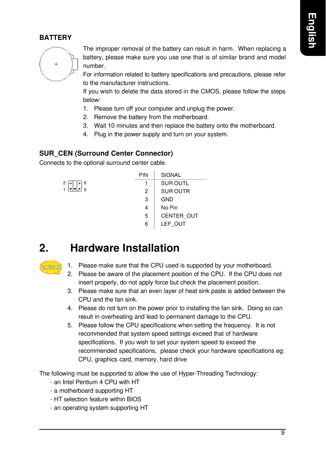 Intel XP-M5S661GX user manual Hardware Installation, Surcen Surround Center Connector 