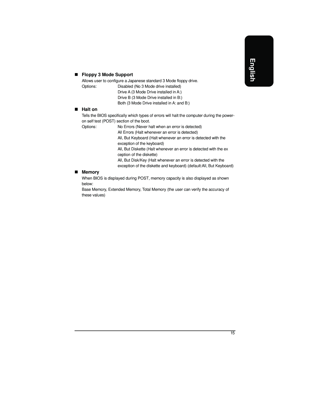 Intel XP-P41533E user manual Floppy 3 Mode Support, Halt on, Memory 