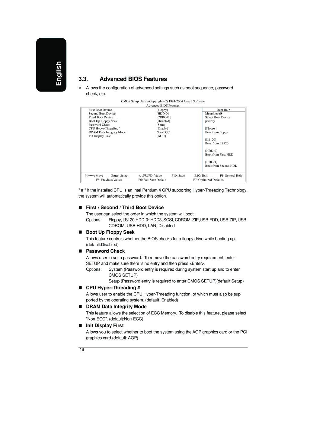 Intel XP-P41533E user manual Advanced Bios Features 