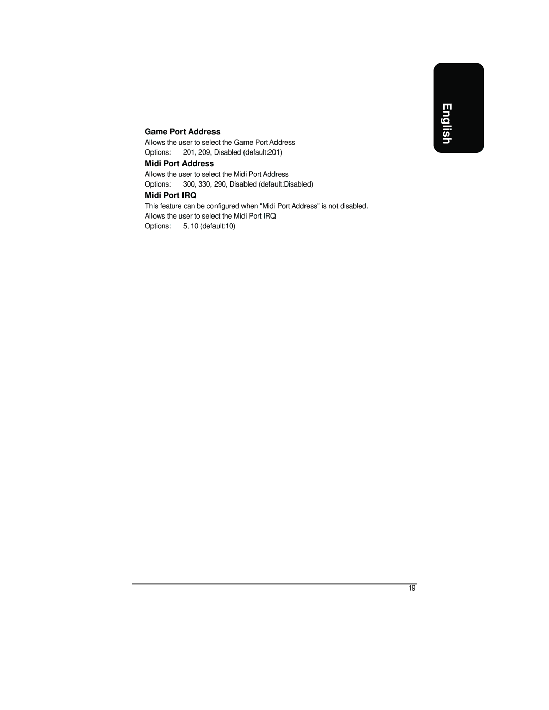 Intel XP-P41533E user manual Game Port Address, Midi Port Address, Midi Port IRQ 