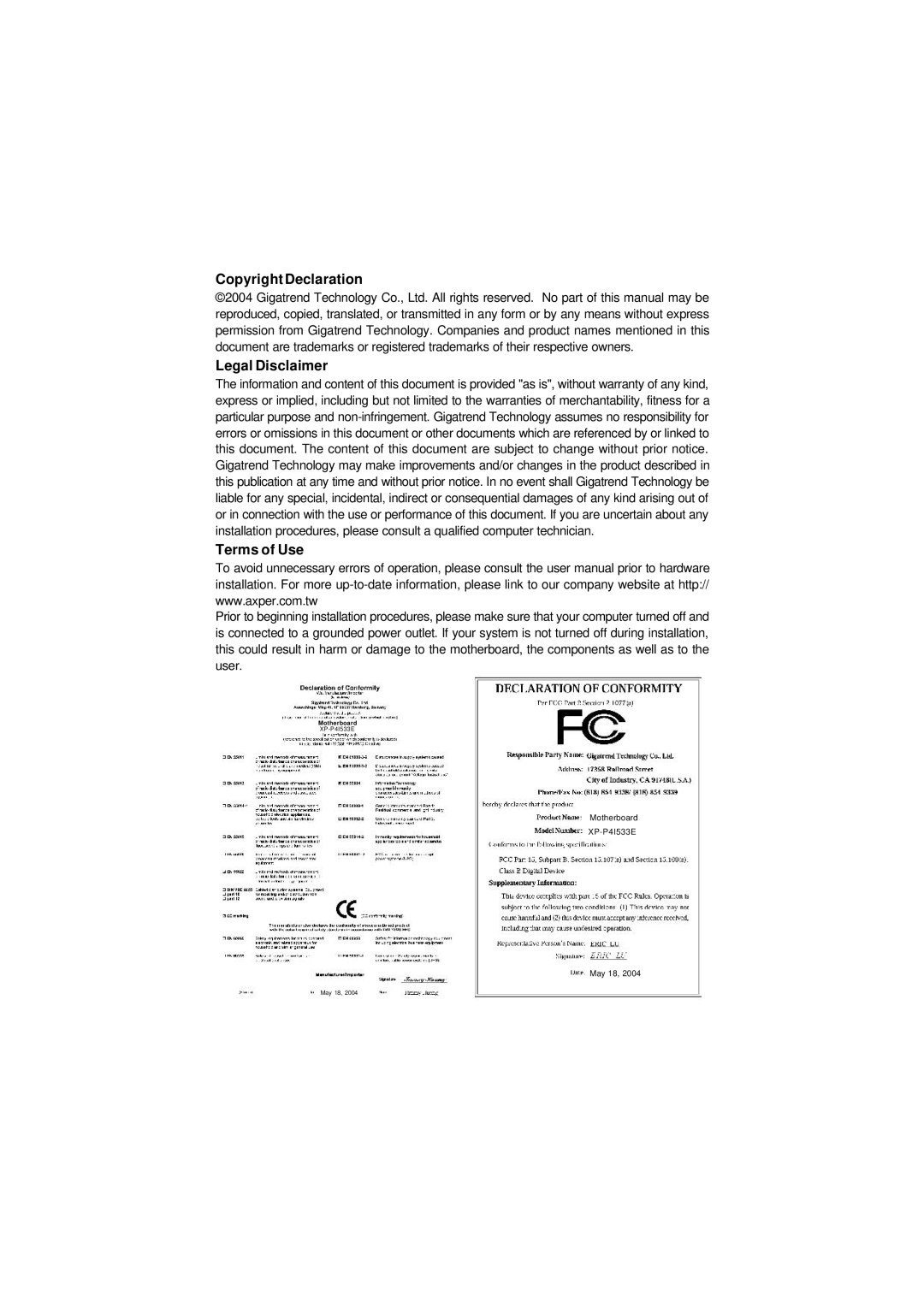 Intel XP-P41533E user manual Copyright Declaration Legal Disclaimer, Terms of Use 