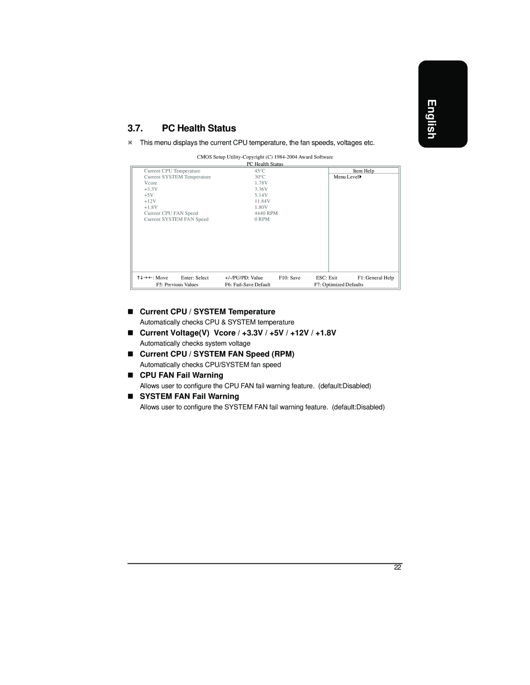 Intel XP-P41533E PC Health Status, Current CPU / System Temperature, Current VoltageV Vcore / +3.3V / +5V / +12V / +1.8V 