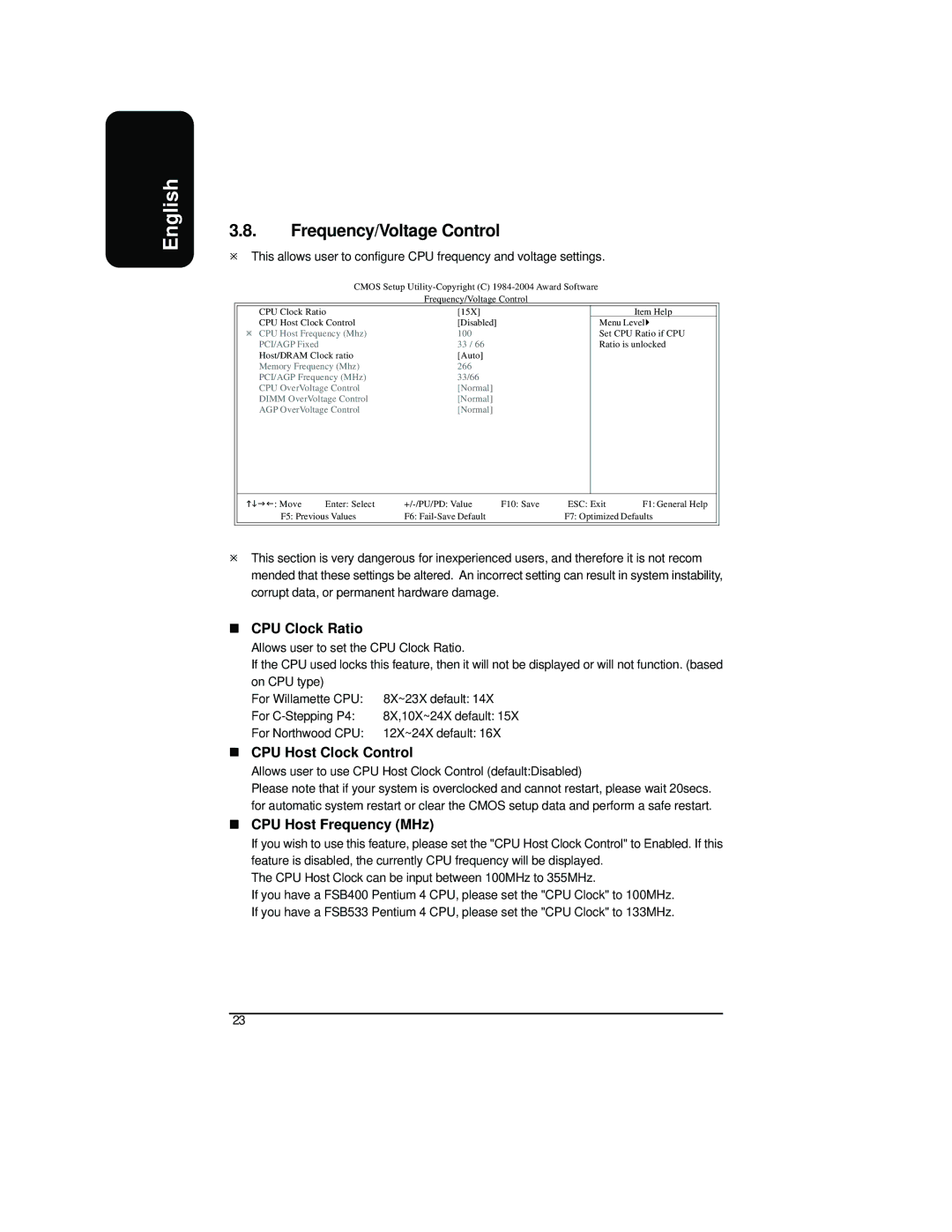 Intel XP-P41533E user manual Frequency/Voltage Control, CPU Clock Ratio, CPU Host Clock Control, CPU Host Frequency MHz 