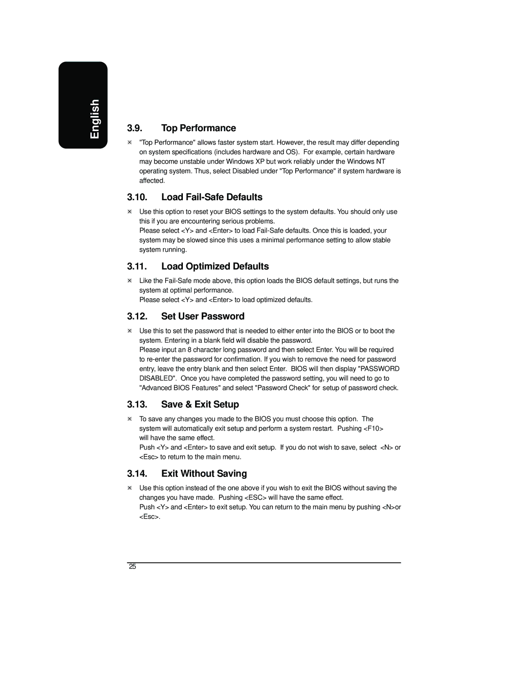 Intel XP-P41533E Top Performance, Load Fail-Safe Defaults, Load Optimized Defaults, Set User Password, Save & Exit Setup 