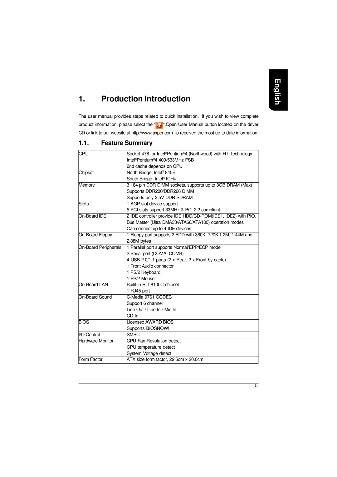 Intel XP-P41533E user manual Production Introduction 